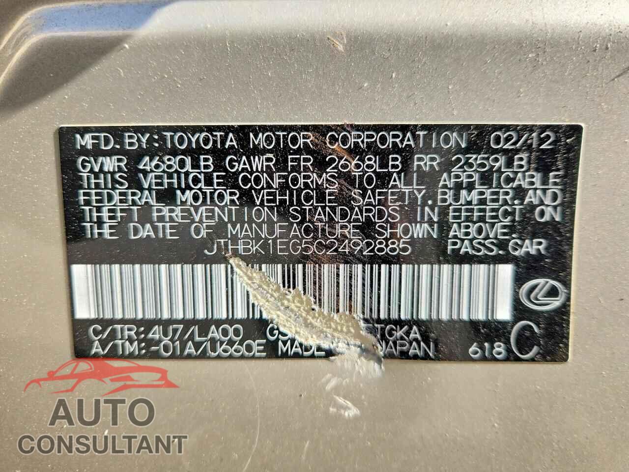 LEXUS ES350 2012 - JTHBK1EG5C2492885