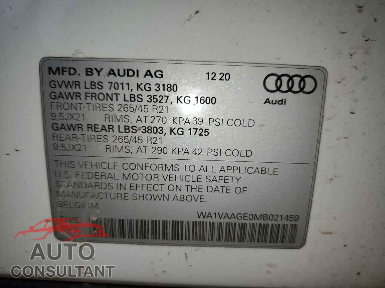 AUDI E-TRON 2021 - WA1VAAGE0MB021459