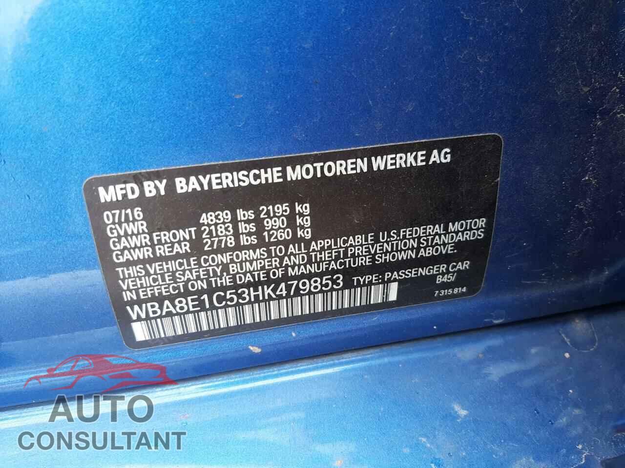 BMW 3 SERIES 2017 - WBA8E1C53HK479853