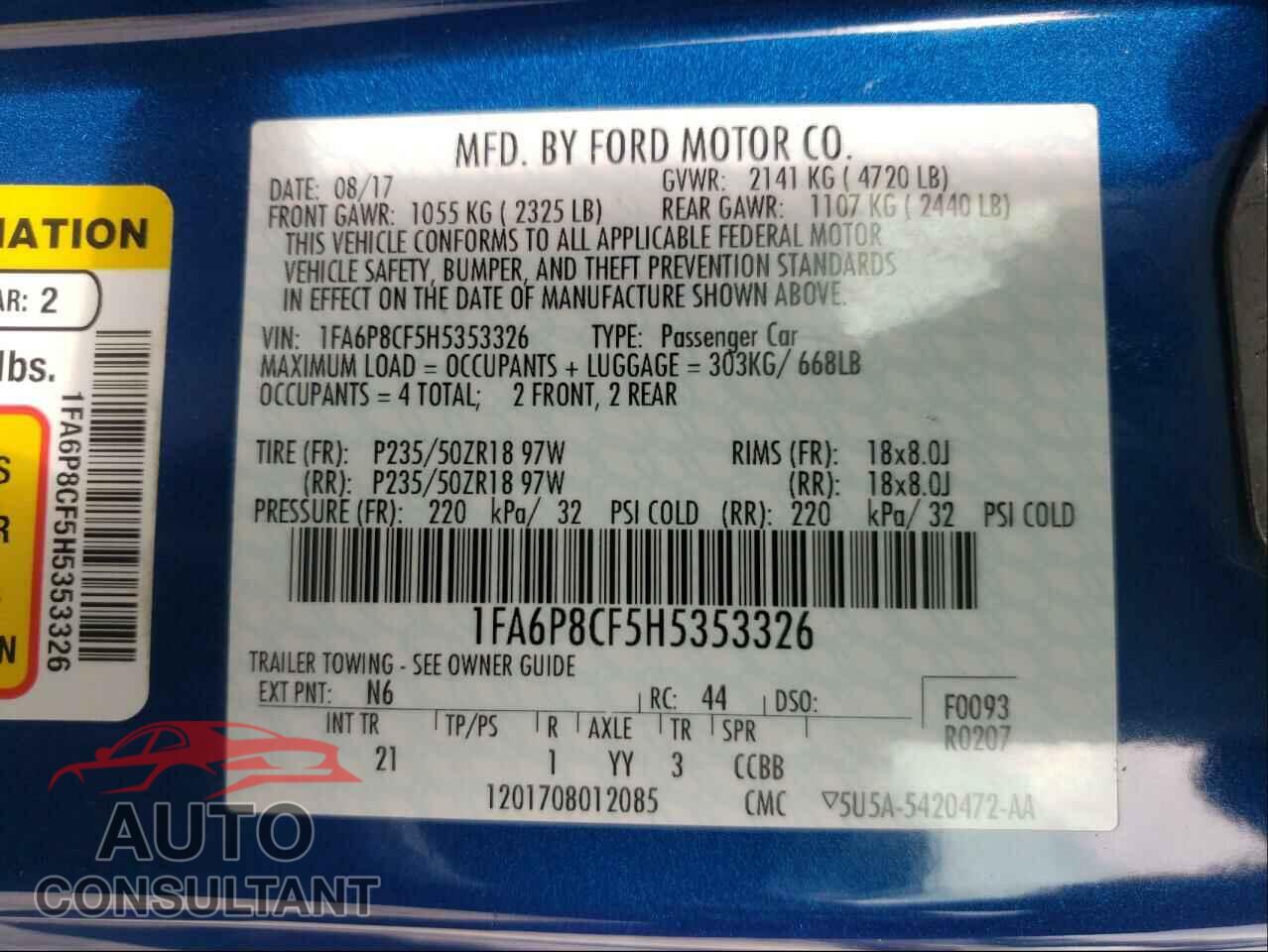 FORD MUSTANG 2017 - 1FA6P8CF5H5353326