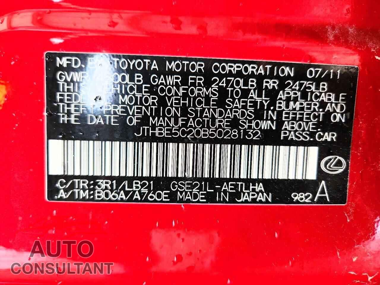 LEXUS IS 2011 - JTHBE5C20B5028132