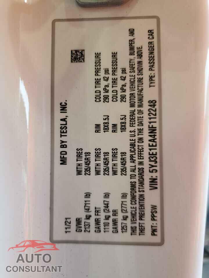 TESLA MODEL 3 2022 - 5YJ3E1EA4NF112248