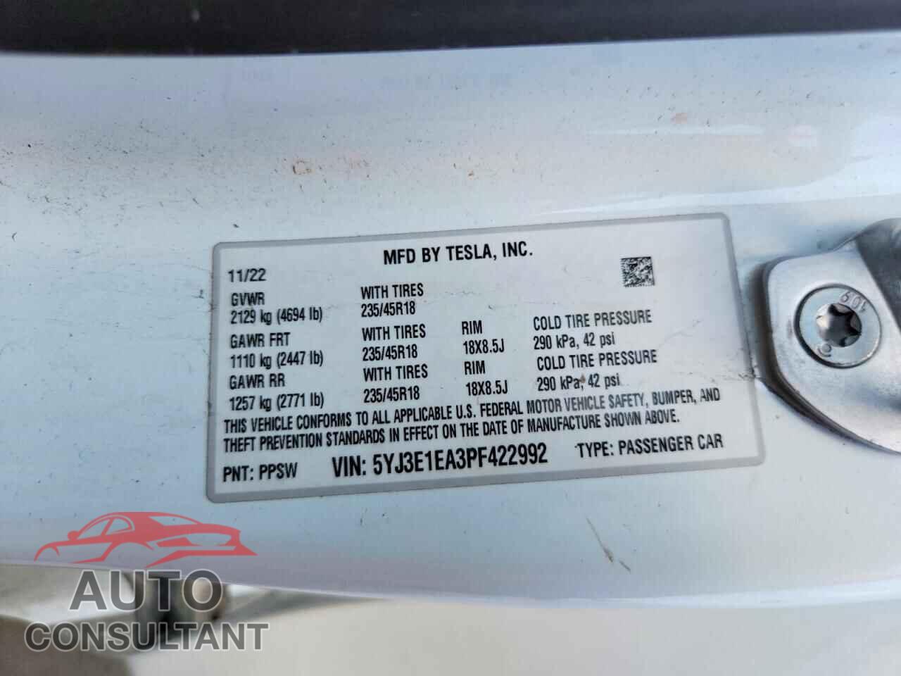 TESLA MODEL 3 2023 - 5YJ3E1EA3PF422992