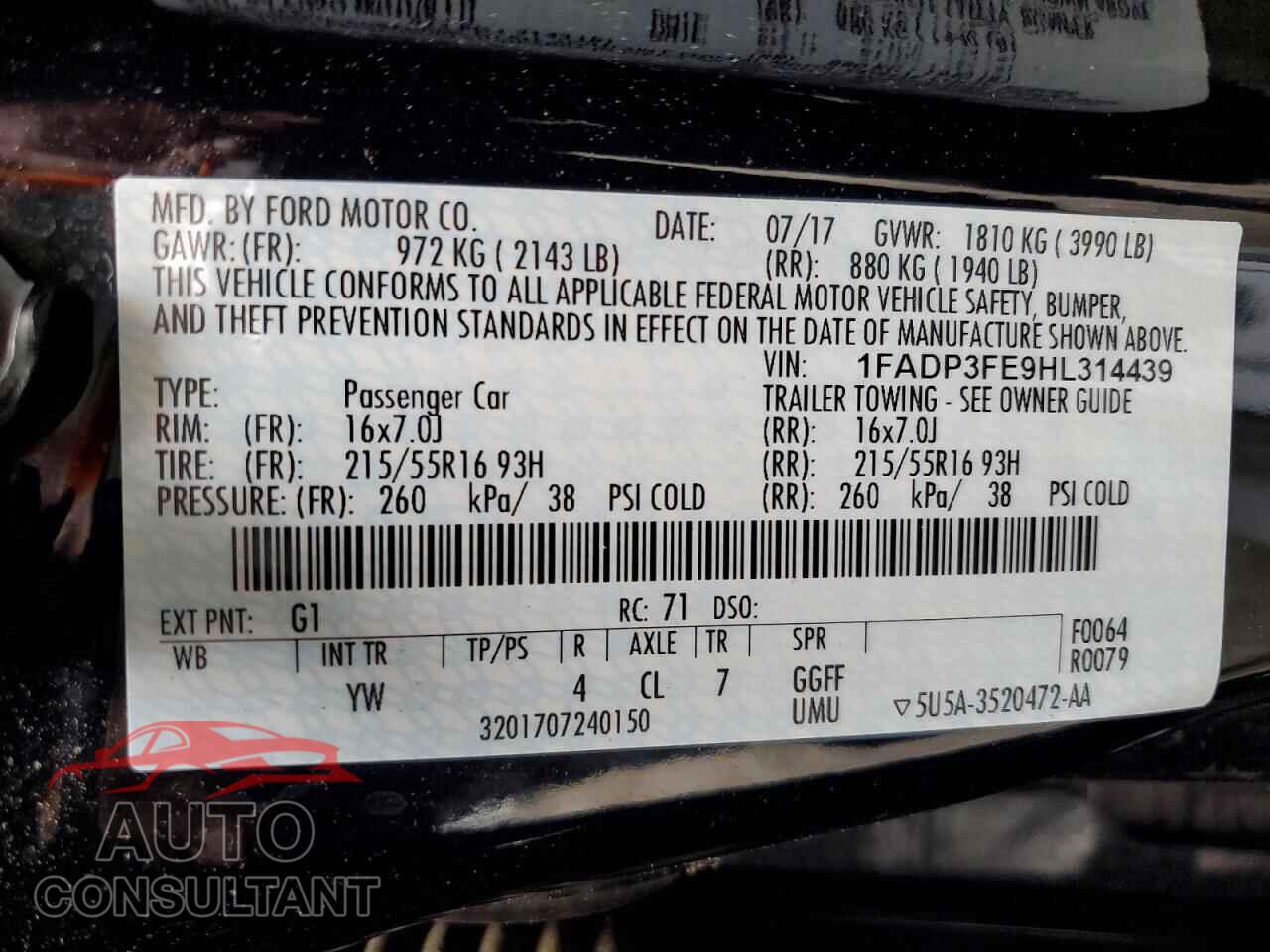 FORD FOCUS 2017 - 1FADP3FE9HL314439