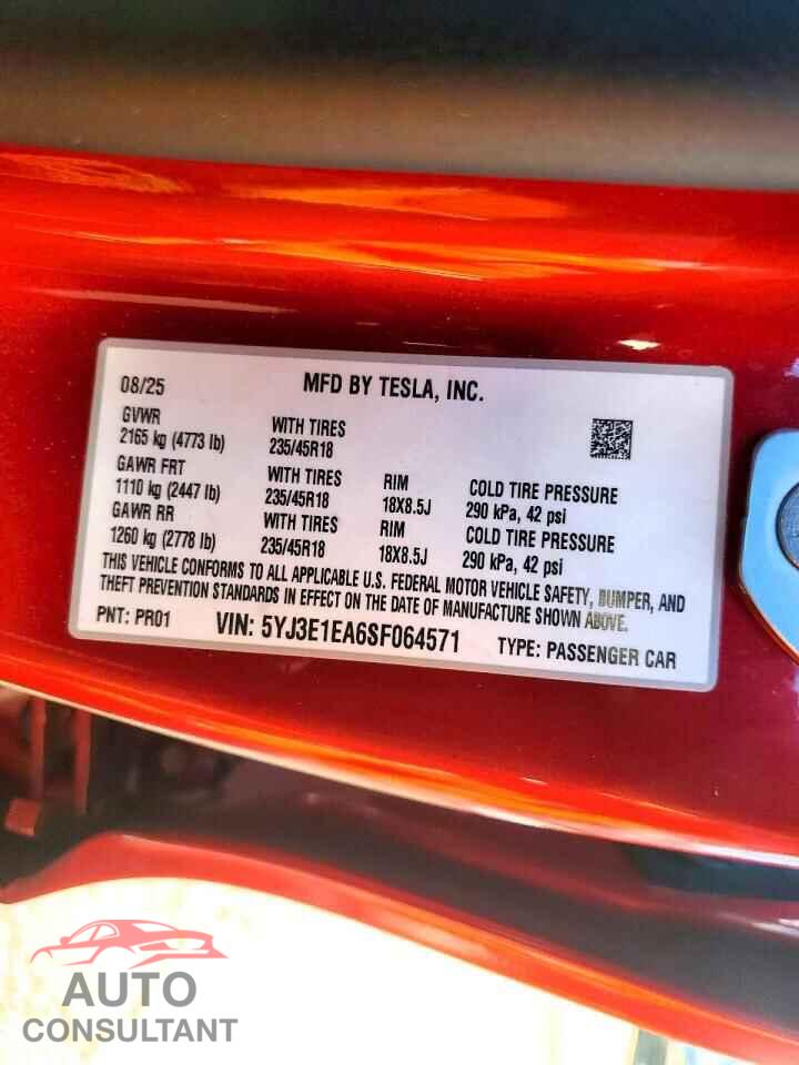 TESLA MODEL 3 2025 - 5YJ3E1EA6SF064571