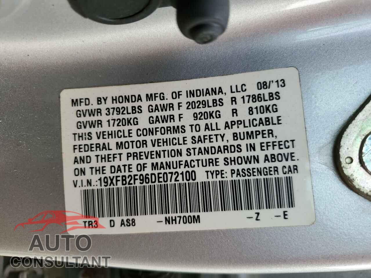 HONDA CIVIC 2013 - 19XFB2F96DE072100
