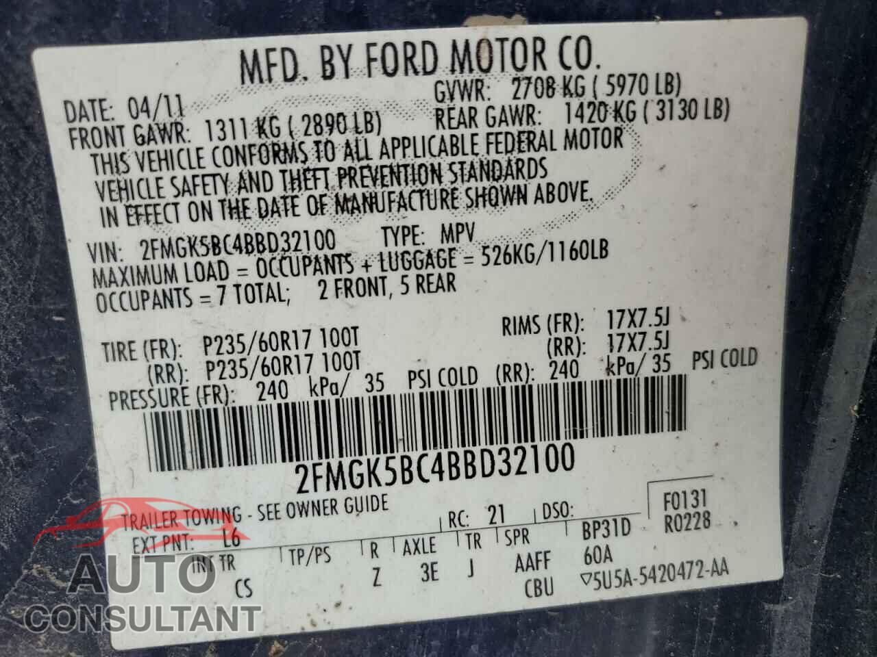 FORD FLEX 2011 - 2FMGK5BC4BBD32100