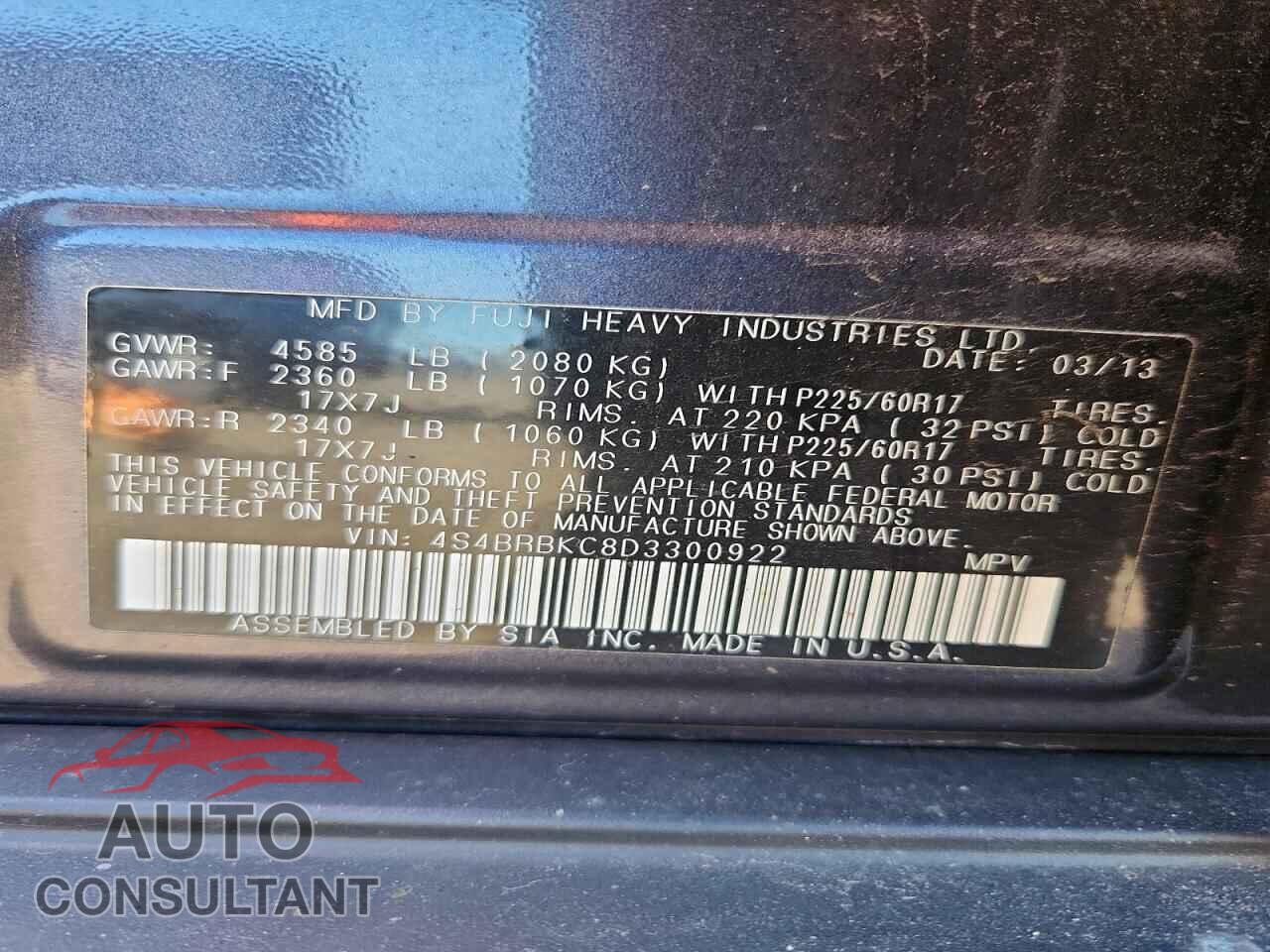 SUBARU OUTBACK 2013 - 4S4BRBKC8D3300922