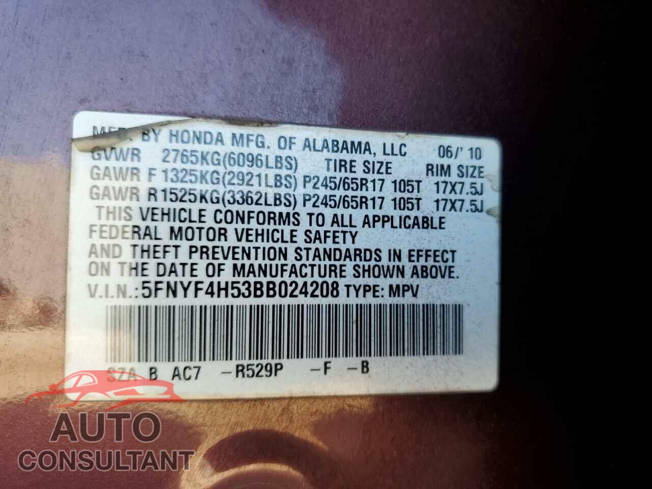 HONDA PILOT 2011 - 5FNYF4H53BB024208