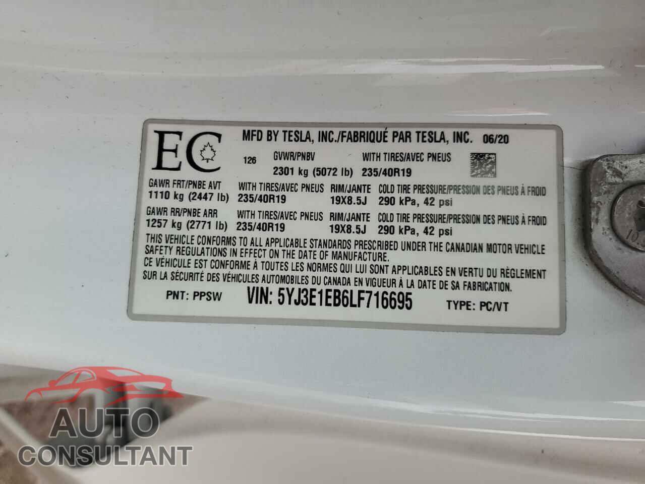TESLA MODEL 3 2020 - 5YJ3E1EB6LF716695