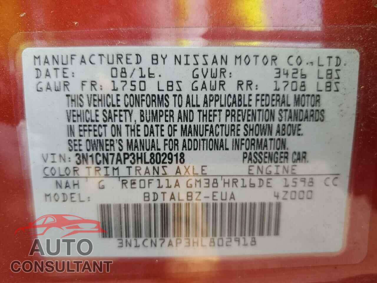 NISSAN VERSA 2017 - 3N1CN7AP3HL802918