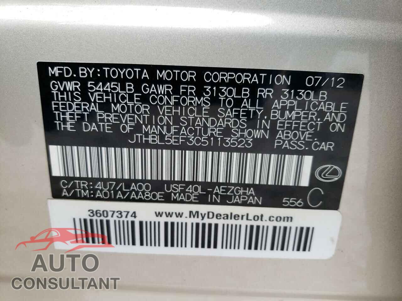LEXUS LS460 2012 - JTHBL5EF3C5113523
