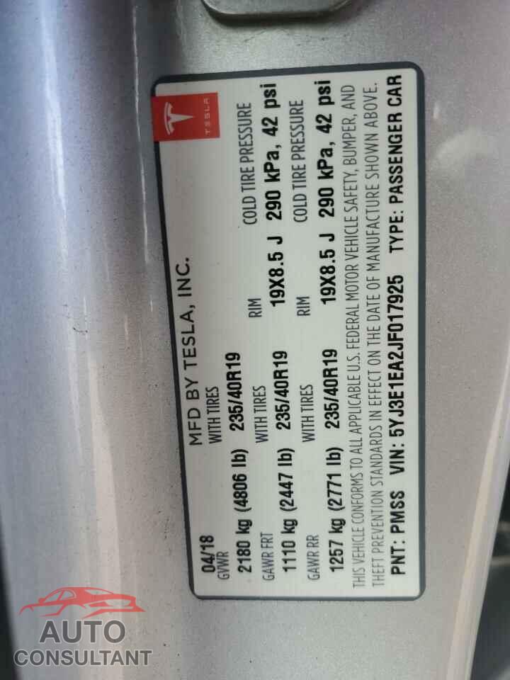 TESLA MODEL 3 2018 - 5YJ3E1EA2JF017925