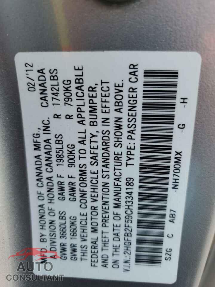 HONDA CIVIC 2012 - 2HGFB2F59CH334189