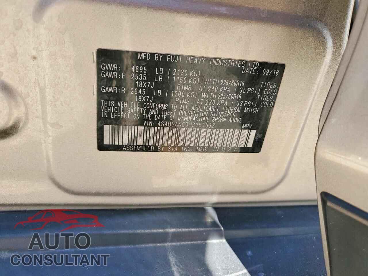 SUBARU OUTBACK 2017 - 4S4BSANC3H3251533