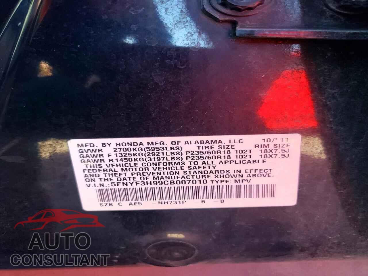 HONDA PILOT 2012 - 5FNYF3H99CB007010