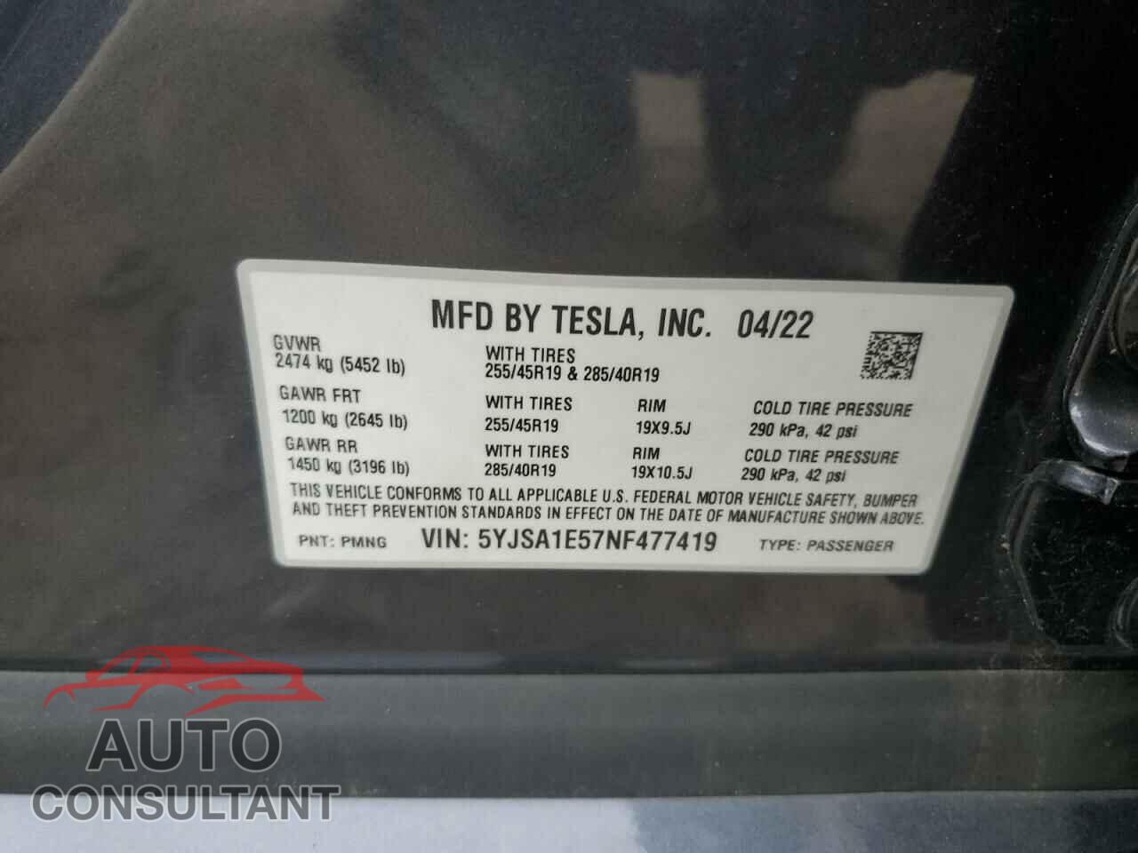 TESLA MODEL S 2022 - 5YJSA1E57NF477419