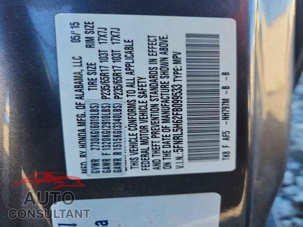 HONDA ODYSSEY 2015 - 5FNRL5H62FB099533