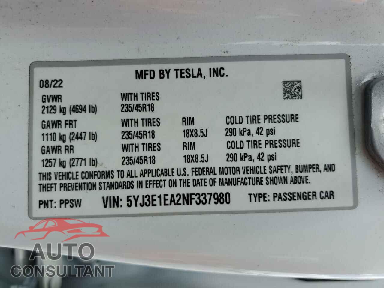 TESLA MODEL 3 2022 - 5YJ3E1EA2NF337980