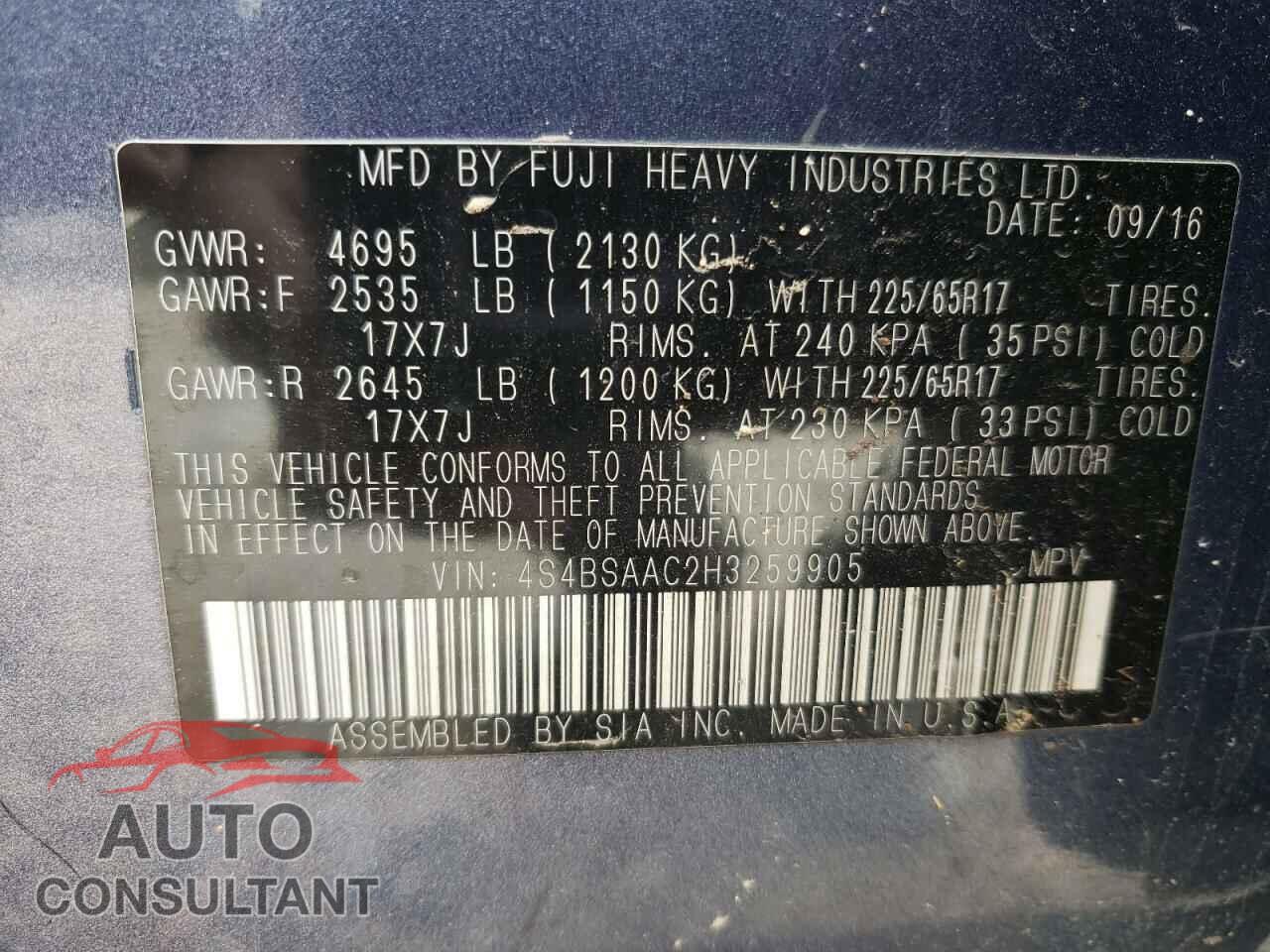 SUBARU OUTBACK 2017 - 4S4BSAAC2H3259905