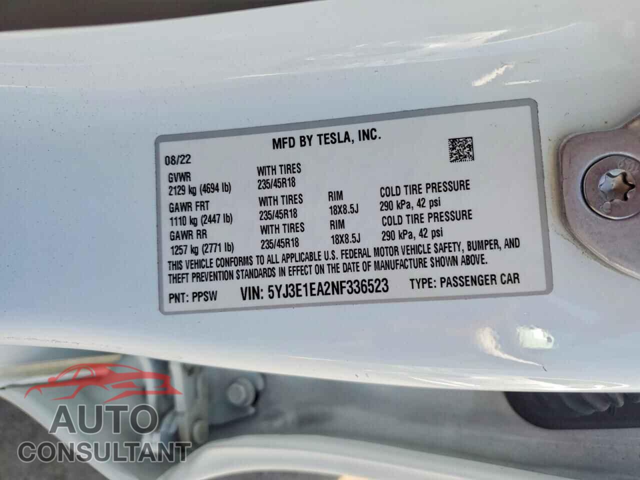 TESLA MODEL 3 2022 - 5YJ3E1EA2NF336523