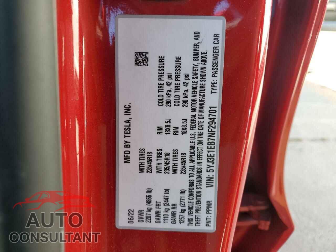 TESLA MODEL 3 2022 - 5YJ3E1EB7NF294701