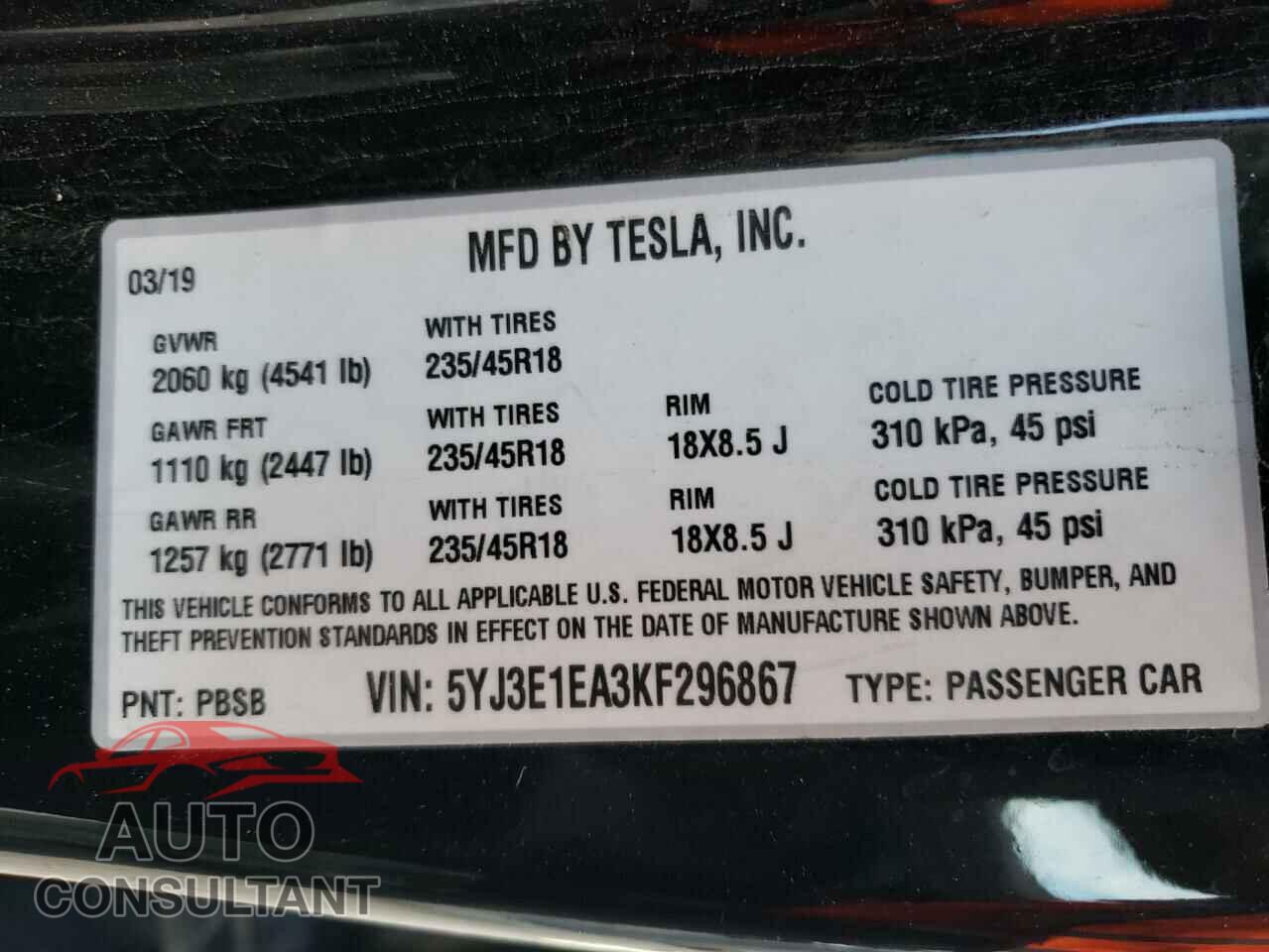 TESLA MODEL 3 2019 - 5YJ3E1EA3KF296867