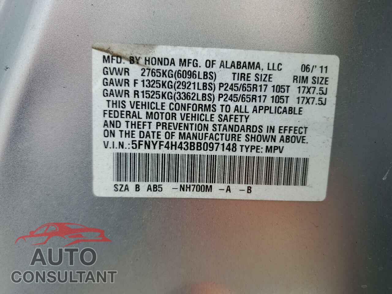 HONDA PILOT 2011 - 5FNYF4H43BB097148
