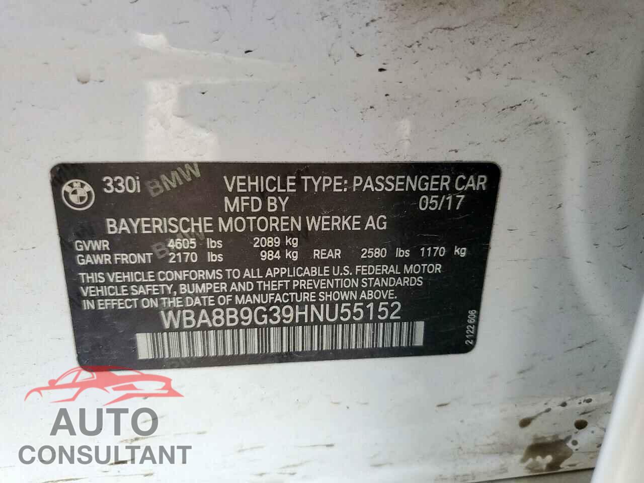 BMW 3 SERIES 2017 - WBA8B9G39HNU55152