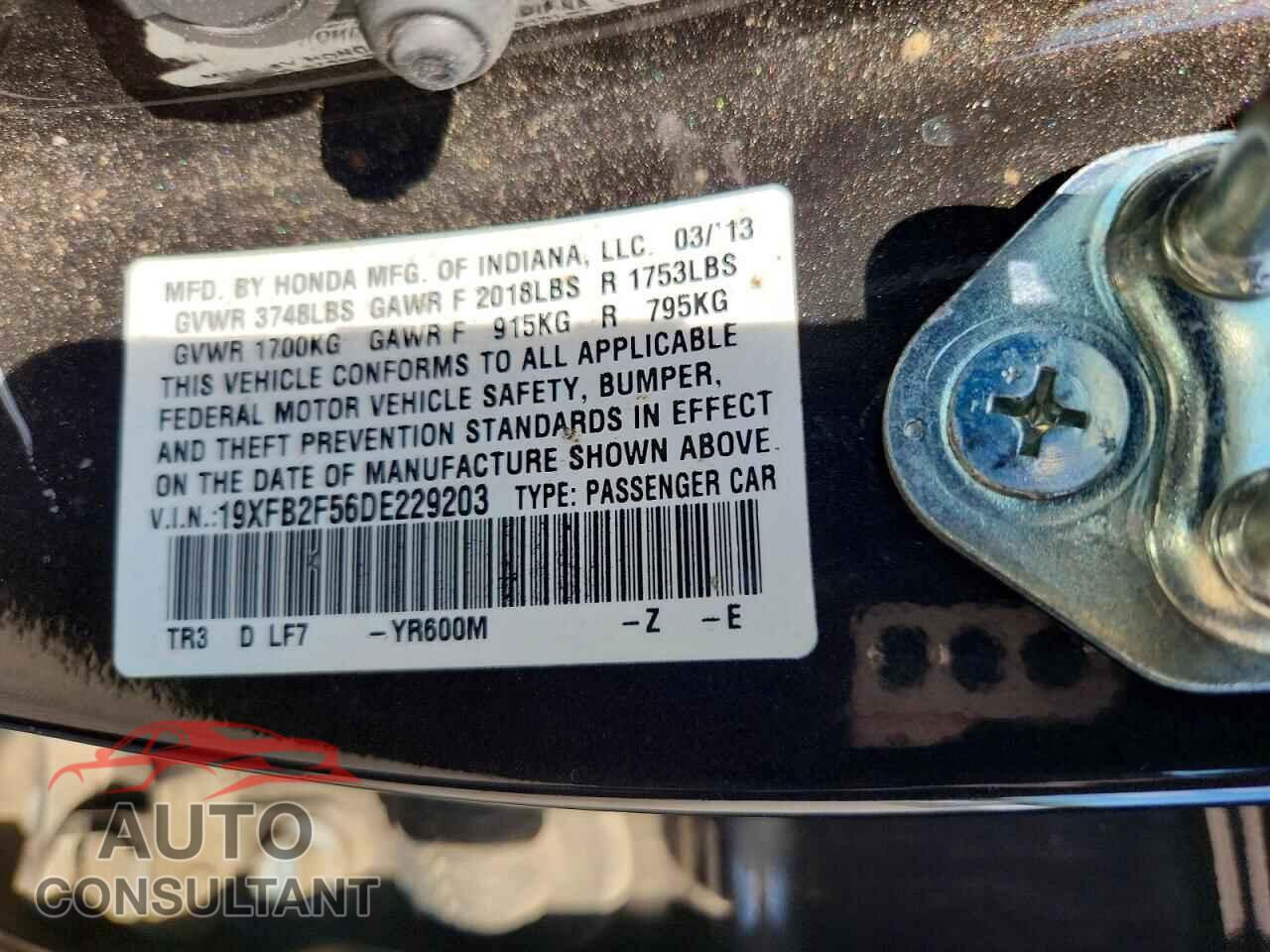 HONDA CIVIC 2013 - 19XFB2F56DE229203