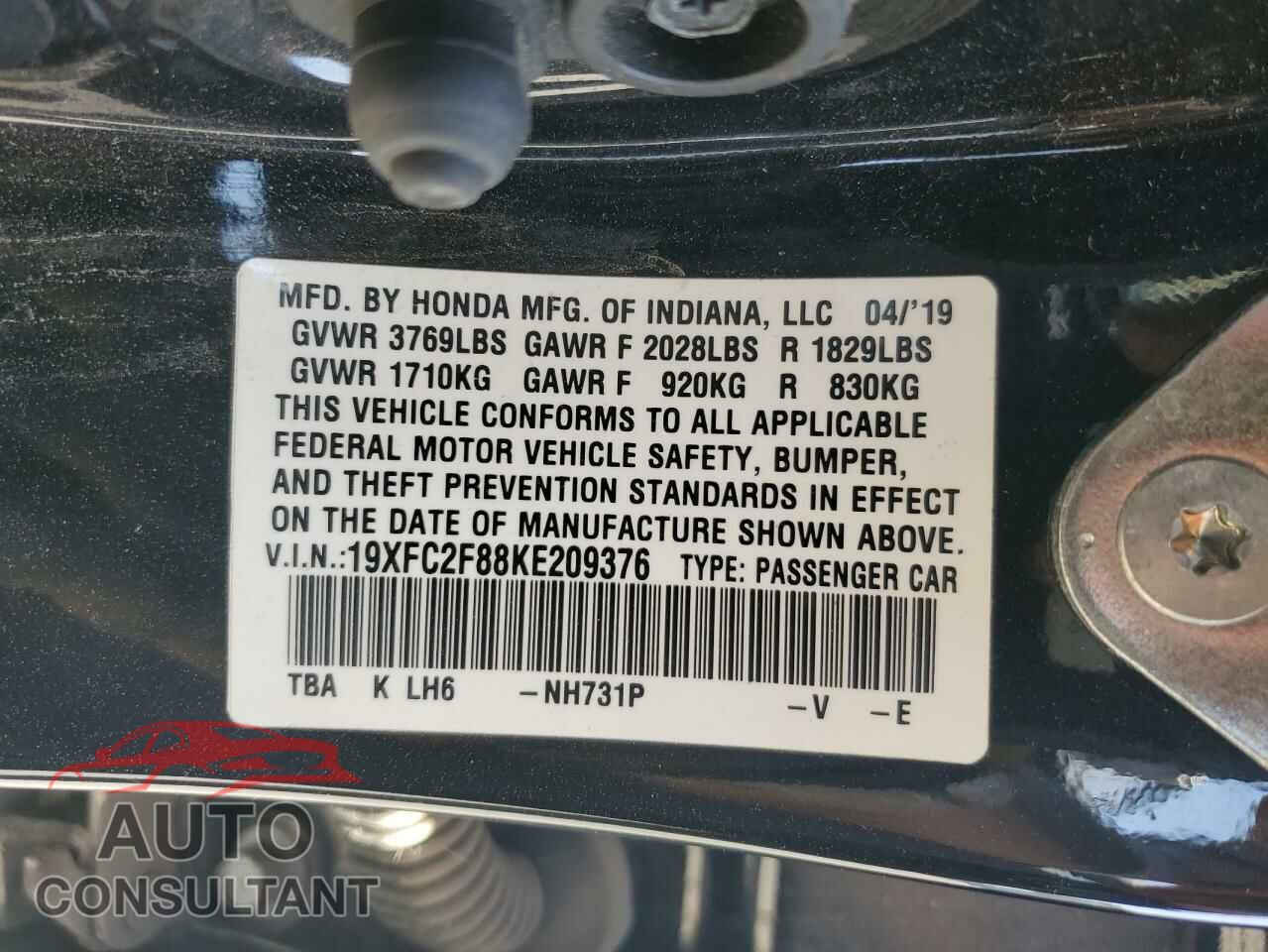 HONDA CIVIC 2019 - 19XFC2F88KE209376