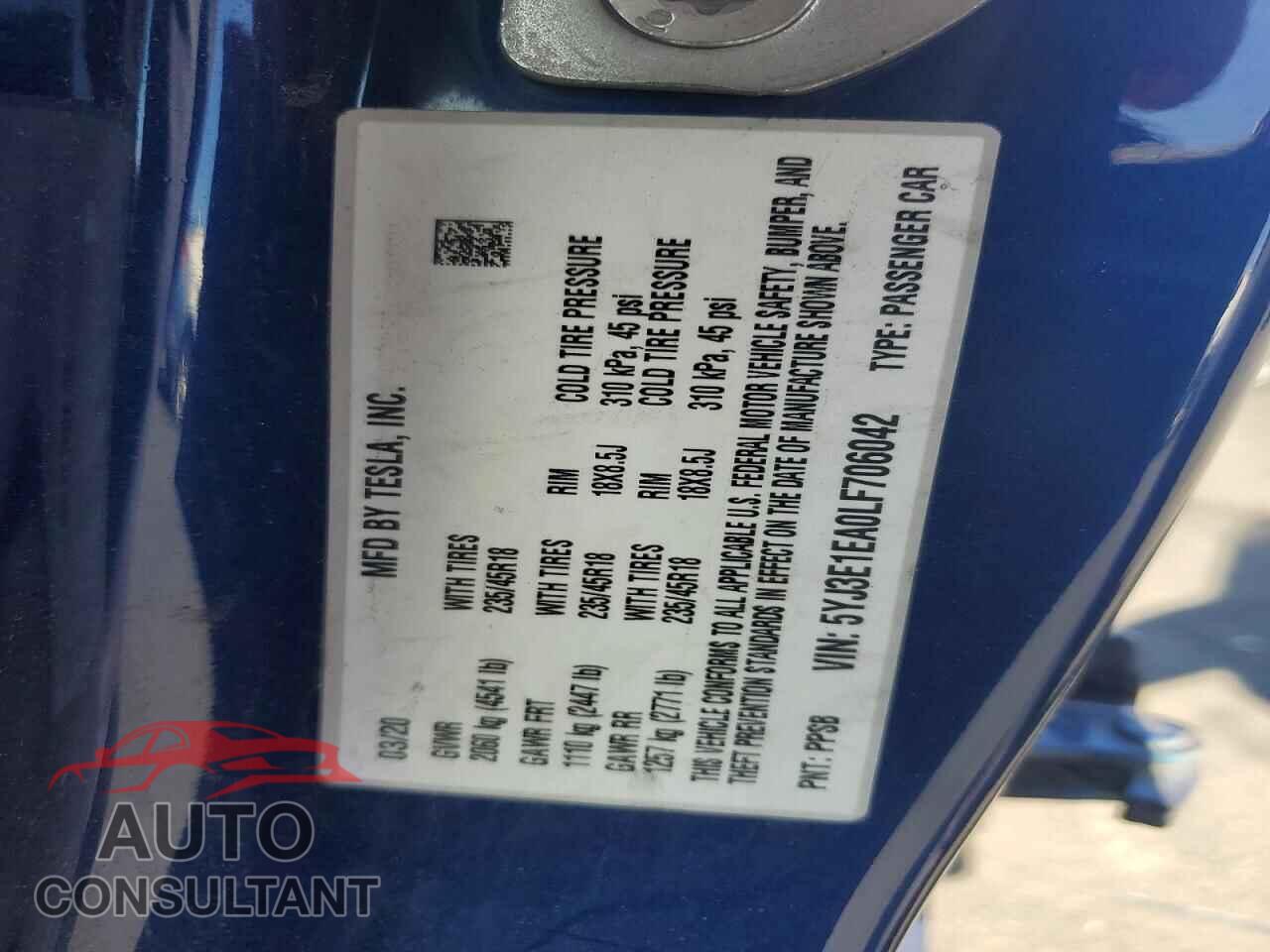 TESLA MODEL 3 2020 - 5YJ3E1EA0LF706042