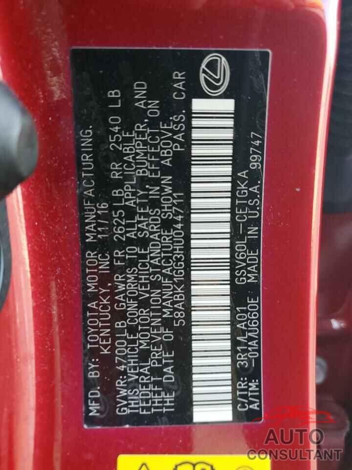 LEXUS ES350 2017 - 58ABK1GG3HU044711