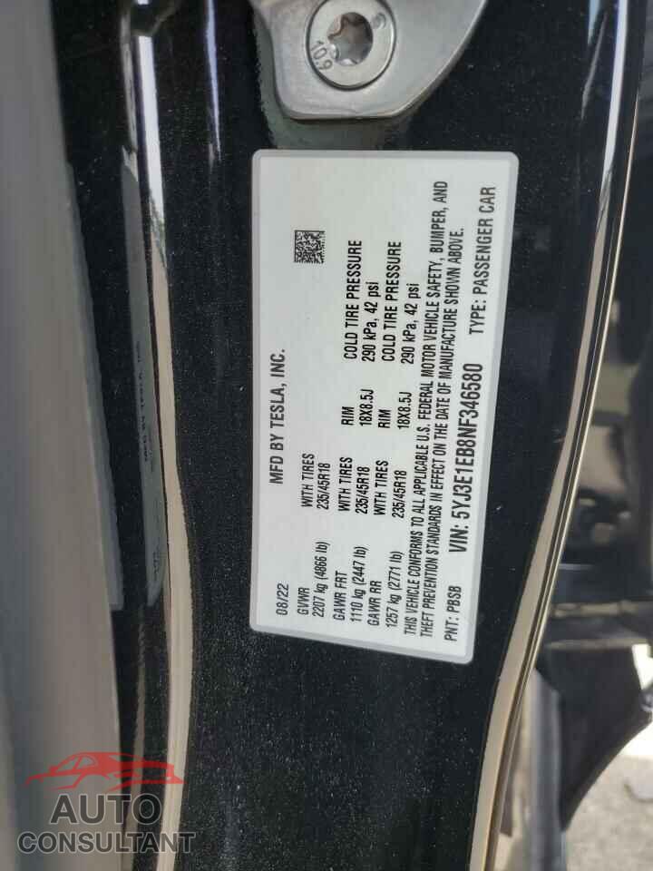 TESLA MODEL 3 2022 - 5YJ3E1EB8NF346580