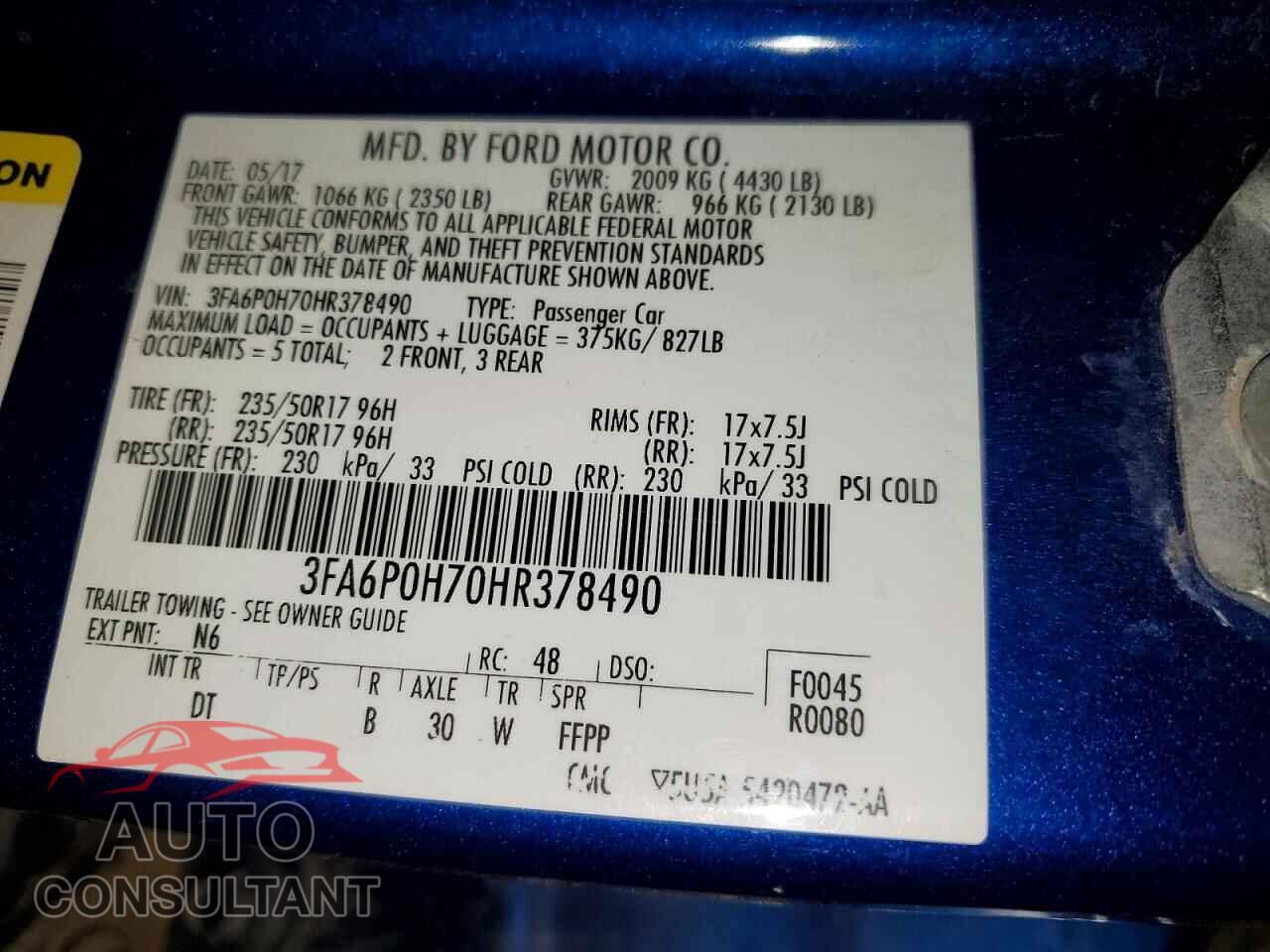 FORD FUSION 2017 - 3FA6P0H70HR378490