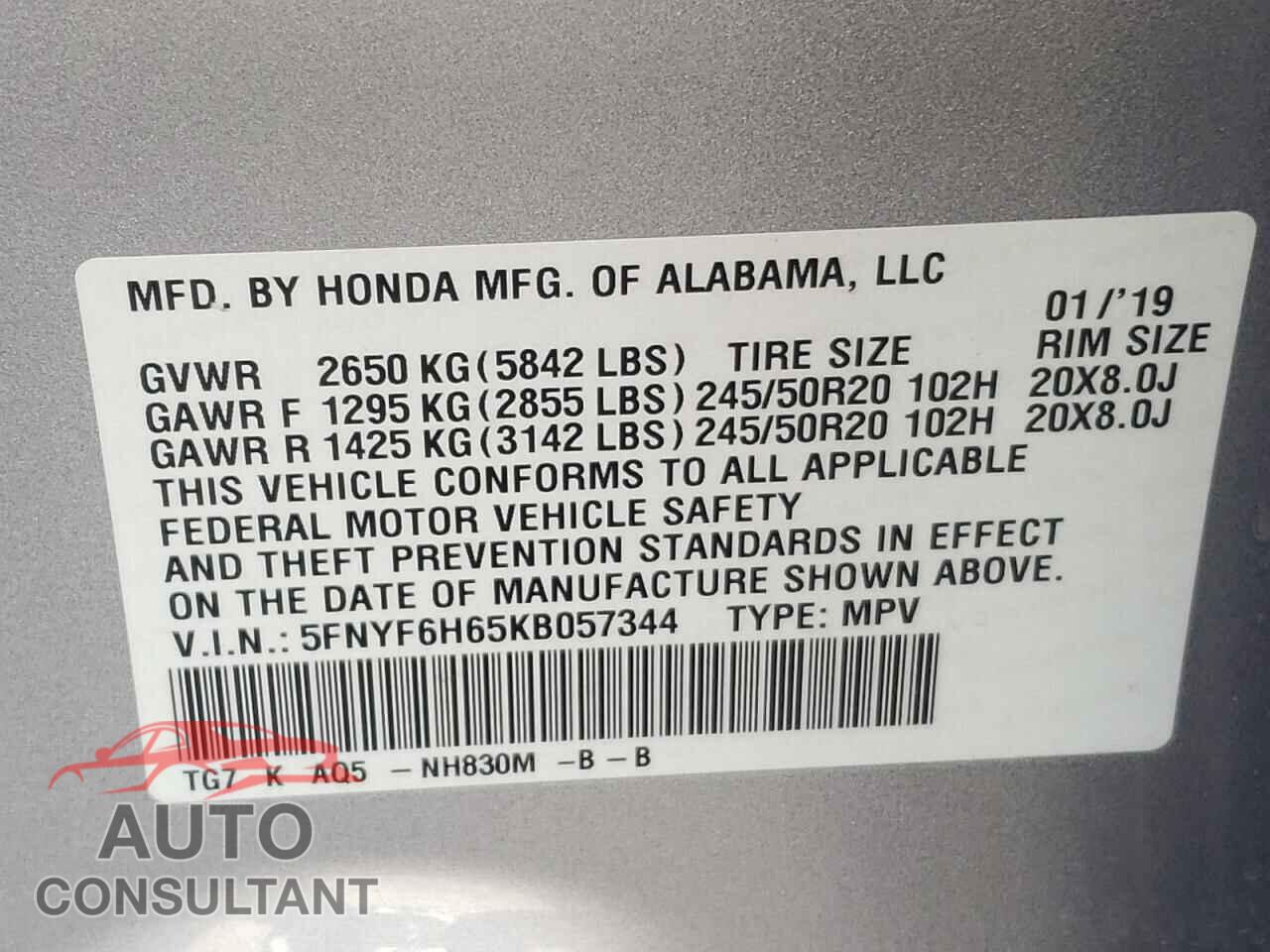 HONDA PILOT 2019 - 5FNYF6H65KB057344