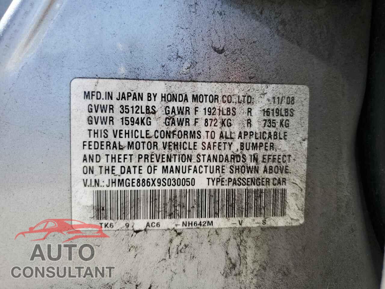 HONDA FIT 2009 - JHMGE886X9S030050