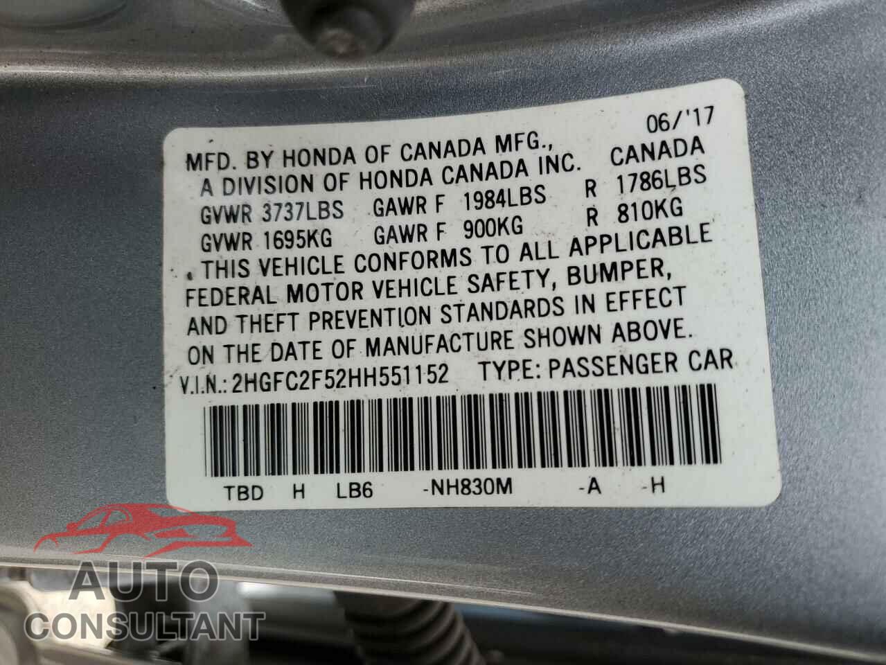 HONDA CIVIC 2017 - 2HGFC2F52HH551152