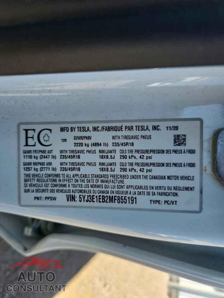 TESLA MODEL 3 2021 - 5YJ3E1EB2MF855191