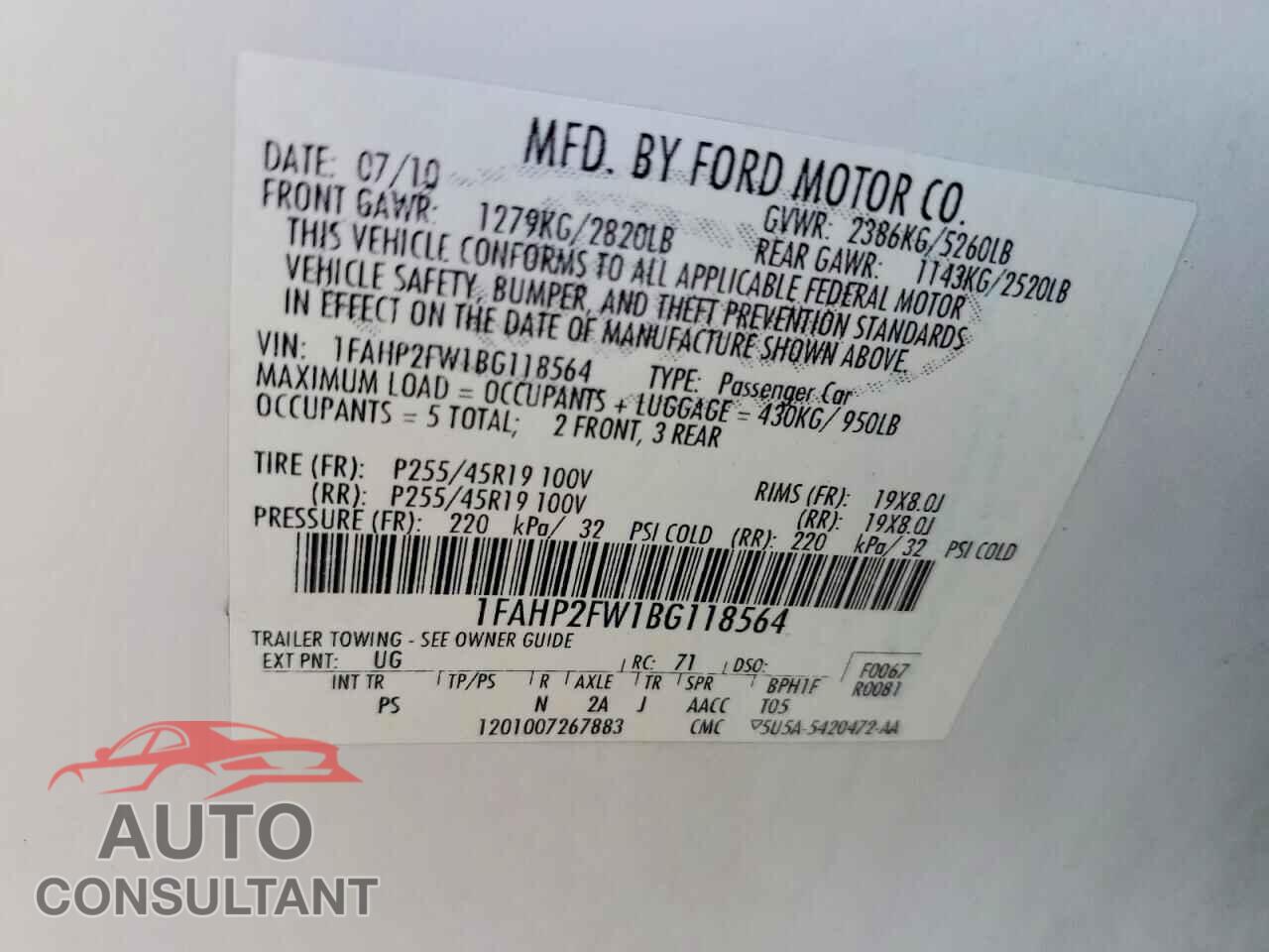 FORD TAURUS 2011 - 1FAHP2FW1BG118564