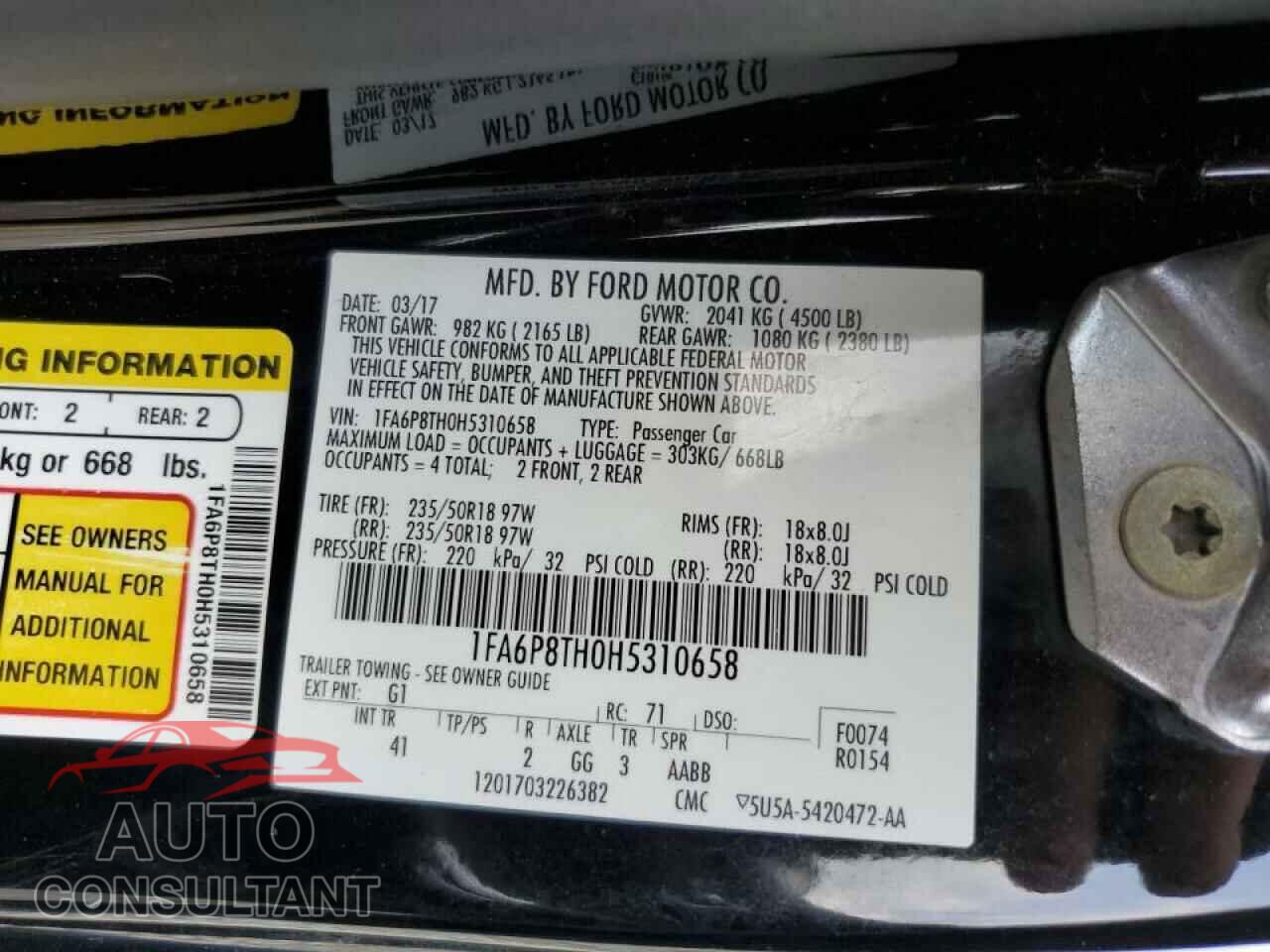 FORD MUSTANG 2017 - 1FA6P8TH0H5310658