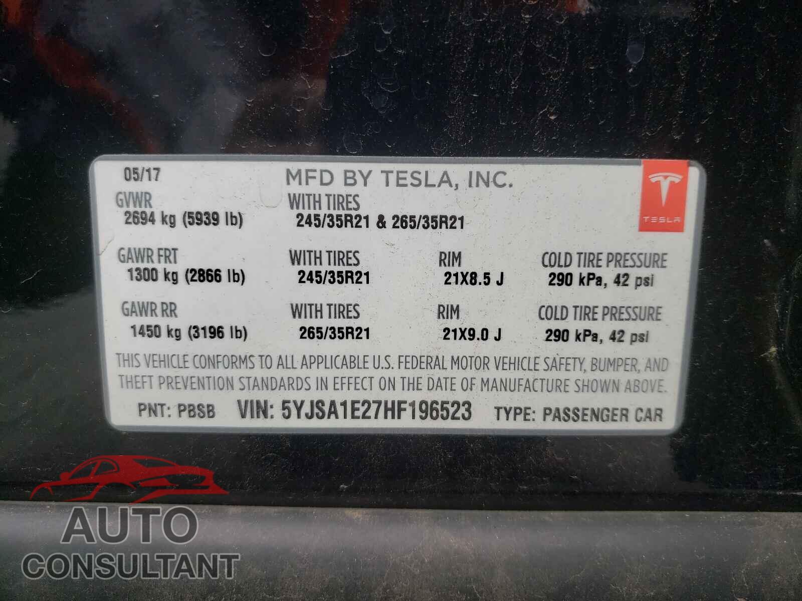 TESLA MODEL S 2017 - 5YJSA1E27HF196523