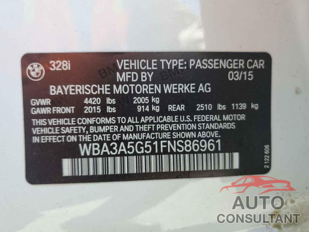 BMW 3 SERIES 2015 - WBA3A5G51FNS86961