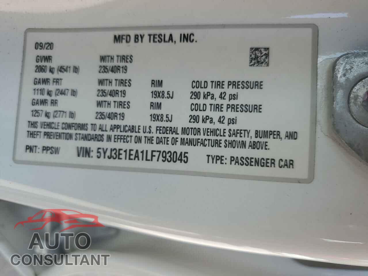 TESLA MODEL 3 2020 - 5YJ3E1EA1LF793045