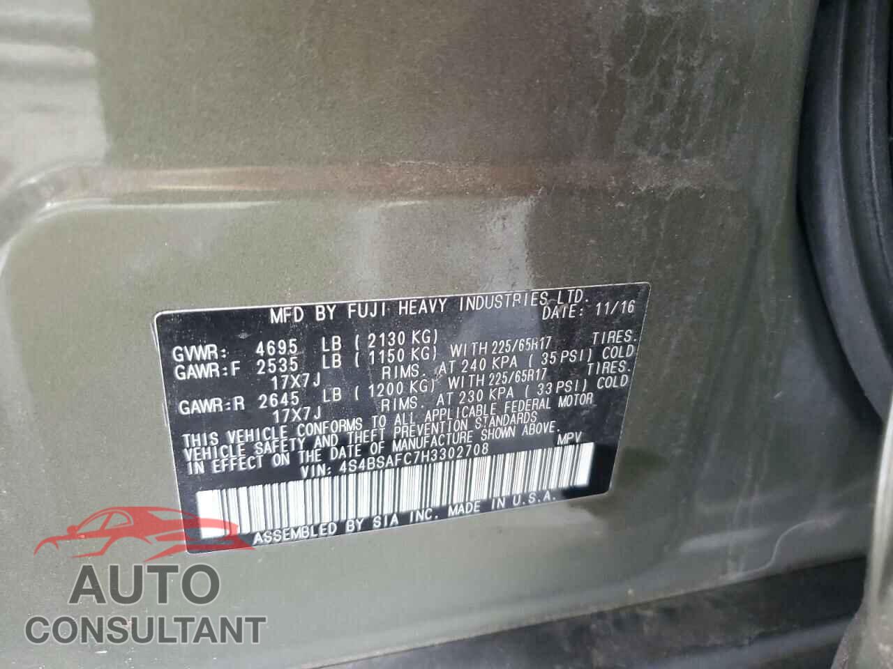 SUBARU OUTBACK 2017 - 4S4BSAFC7H3302708