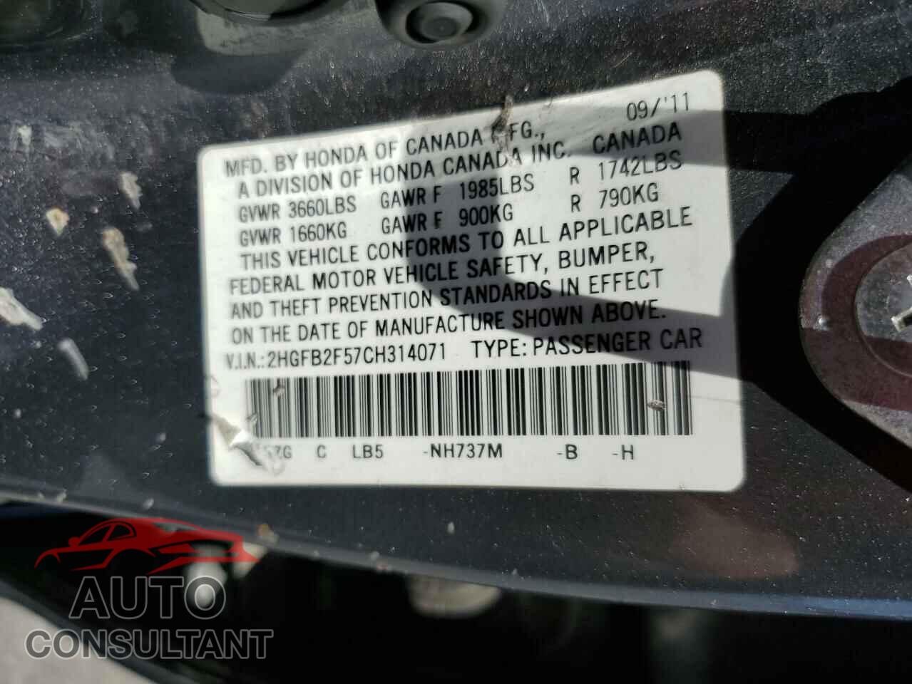 HONDA CIVIC 2012 - 2HGFB2F57CH314071