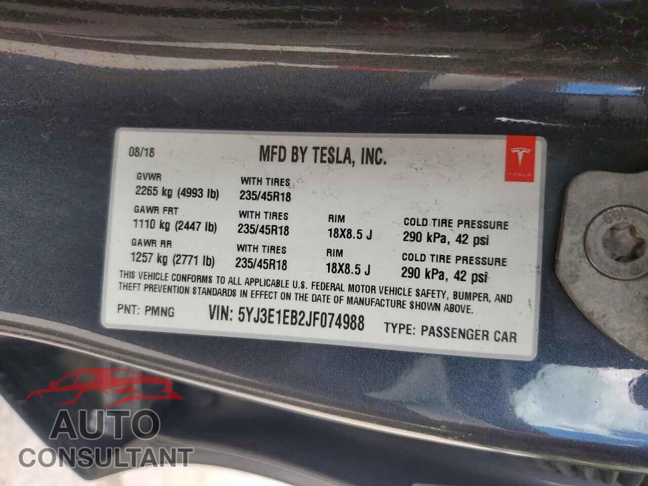TESLA MODEL 3 2018 - 5YJ3E1EB2JF074988