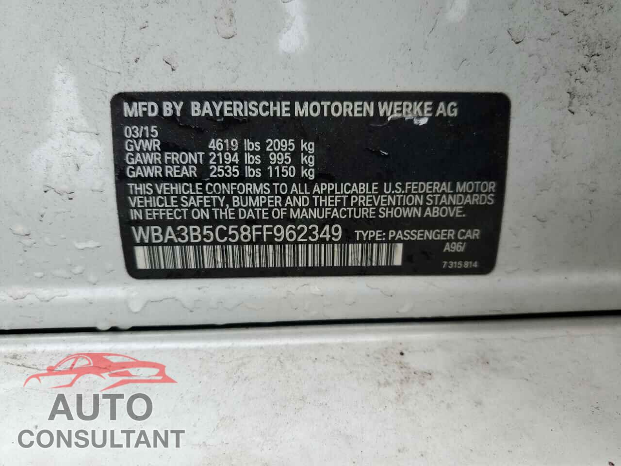 BMW 3 SERIES 2015 - WBA3B5C58FF962349