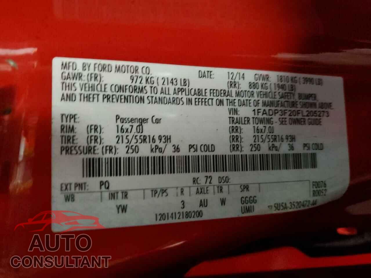 FORD FOCUS 2015 - 1FADP3F20FL205273