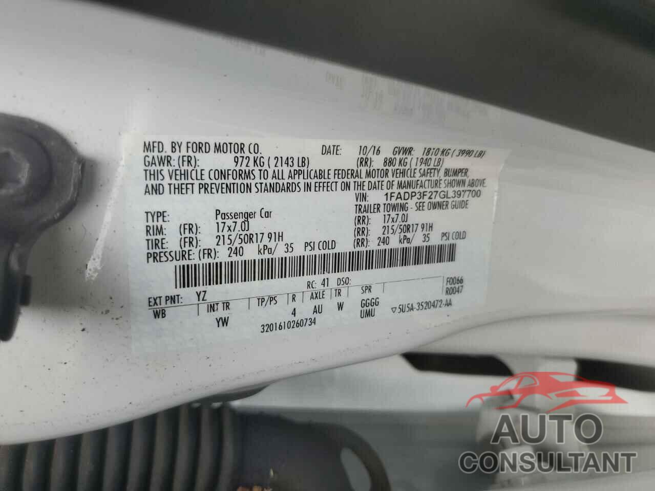 FORD FOCUS 2016 - 1FADP3F27GL397700
